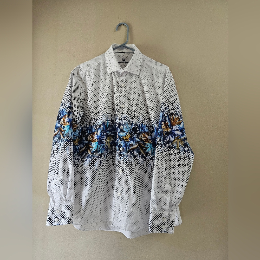 ​Bertigo Designer Slim Fit Large Men’s Blue Floral Polka Dot Cotton Button Up